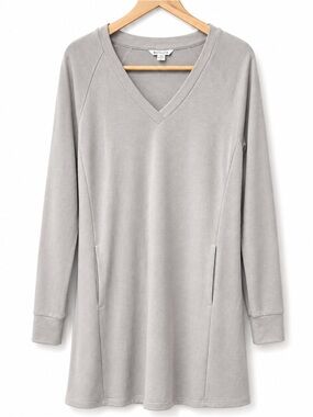 Athleta Seasoft V-Neck Midi Dress Small Petite Gray Taupe Pockets Soft Modal